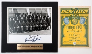 1963-64 Kangaroo Tour of Great Britain & France: mounted team photograph, signed beneath by Arthur Summons & Graeme Langlands; overall 29x32cm, with CofA (2021); also July 18 1964 issue of Rugby League News periodical, showcasing the Australia v France Th