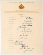 1956 AUSTRALIAN TEAM ON TOUR: official team sheet with 16 signatures including Ian Johnson, Keith Miller, Richie Benaud, Alan Davidson,  Neil Harvey & Gil Langley. 