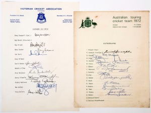 1972 AUSTRALIAN TOURING TEAM SHEET: official team sheet with 14 signatures including Keith Stackpole, Greg Chappell, Dennis Lillee, Ashley Mallett & Doug Walters; also Victorian Cricket Association team sheet for Centenary Test Match with 11 signatures including Greg Chappell, David Hookes, Dennis Lillee, Rick McCosker, Kerrie O'Keefe & Max Walker. (2)