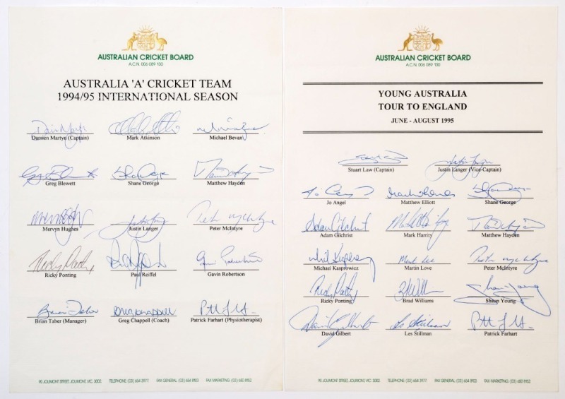 1994-95 AUSTRALIA 'A' CRICKET TEAM FOR INTERNATIONAL SEASON: official team sheet with 15 signatures including Damien Martyn (Capt.), Michael Bevan, Matthew Hayden, Merv Hughes, Ricky Ponting & Greg Chappell (coach); also 1995 YOUNG AUSTRALIA TOUR TO ENGLA