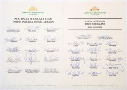 1994-95 AUSTRALIA 'A' CRICKET TEAM FOR INTERNATIONAL SEASON: official team sheet with 15 signatures including Damien Martyn (Capt.), Michael Bevan, Matthew Hayden, Merv Hughes, Ricky Ponting & Greg Chappell (coach); also 1995 YOUNG AUSTRALIA TOUR TO ENGLA