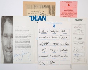 TEAM SHEETS & AUTOGRAPHS: comprising 1994 England team sheet for West Indies Tour with 17 signatures incl. Mike Atherton (Capt.), Alec Stewart, Robin Smith, Devon Malcolm, & Graeme Hick; undated autograph slip with signatures of 7 South African captains incl. Kepler Wessels, Hansie Cronje, Shaun Pollock, Graeme Smith & Peter van der Merwe; 1994 Dean Jones Tribute Match program, signed by captains Jones and Allan Border;