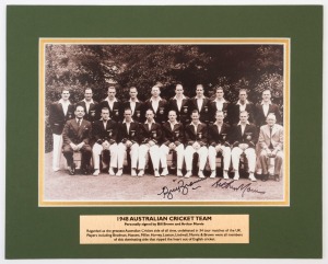 1948 "INVINCIBLES" AUSTRALIAN TEAM: mounted team reproduction photograph, SIGNED BY BILL BROWN & ARTHUR MORRIS; overall 26x32cm, With CofA.