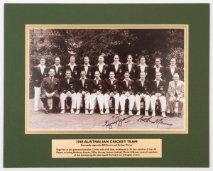 1948 "INVINCIBLES" AUSTRALIAN TEAM: mounted team reproduction photograph, SIGNED BY BILL BROWN & ARTHUR MORRIS; overall 26x32cm, With CofA.