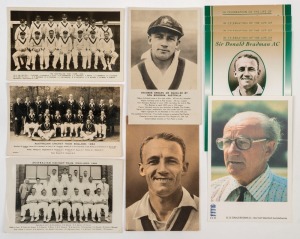 POSTCARDS - DON BRADMAN: real-photo cards comprising "The Australian Test Team, 1930", "Australian Cricket Team, England, 1934" & "Australian Cricket Team England, 1948" all featuring Bradman, also two 1930s portrait cards commemorating his achievements; plus a couple of modern cards, one design duplicated. (11)