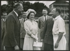 DON BRADMAN - ENGLAND vs AUSTRALIA, 1948 "INVINCIBLES" ASHES TOUR: original press photograph (The Sport and General Press Agency, London), taken during the second Test at Lord's, showing the Australian Captain chatting to The Duke and Duchess of Gloucester; 15x21cm.