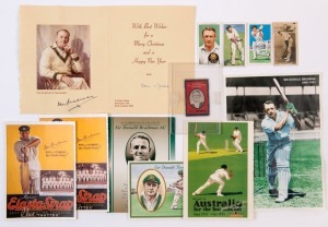 DON BRADMAN: small group of Bradman cards comprising Wills "Cricket Season 1928-29", Player's 1930 & 1938 Cricketers and  1935 Park Drive "Champions plus 'All Australian Company' D.G. Bradman matchbox label (scarce); also signed Christmas Card, photo with