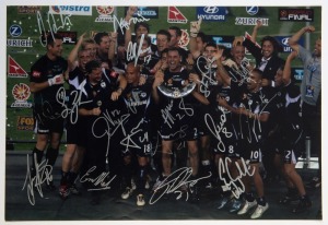PLAYER SIGNED COLOUR PRINTS: comprising Melbourne Victory 2006-07 Premiership team photo, signed by whole team (16 signatures), Australian players Brett Emmerton & Mark Schwarzer signed action photos, these all 45x30cm; also magazine cut-out (22x29cm) signed by Harry Kewell (Leeds Utd & Australia). (4 items)