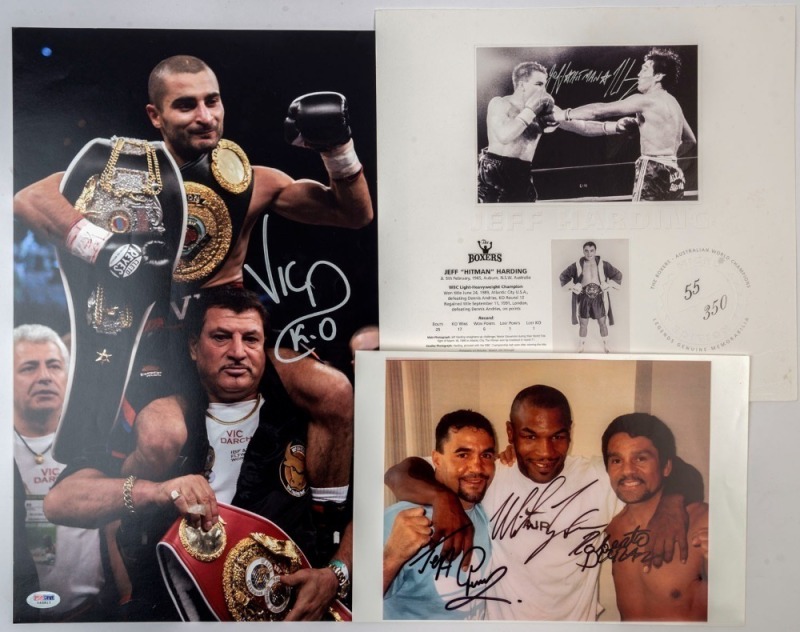 JEFF FENECH, JEFF HARDING & VIC DARCHINYAN: copy of a signed colour photograph (20x25cm) showing Fenech alongside Mike Tyson and Robert Duran, plus Fenech v Nelson 'Judgement Day' t-shirt produced for the 2008 rematch; also Jeff Harding signed limited edi