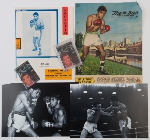LIONEL ROSE: selection of material relating to Rose comprising 1969 souvenir programme for "Lionel Rose against Vicente Garcia" (which Rose won by KO in the 5th Round), 1968 Sun newspaper supplement featuring Rose, 1997 Tempo Trading Cards 'Great Australian Achievers' series card #4 'Lionel Rose' (2), plus monochrome action images of Rose v Fighting Harada and Rose v Ruben Olivares (each 21x29cm). (6 items)