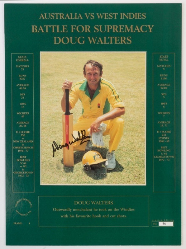 DOUG WALTERS: signed colour photograph of Walters (24x19cm), window mounted on board inscribed with his career achievements, limited edition numbered #311 of 1000 produced, with CofA. overall 43x32cm. 