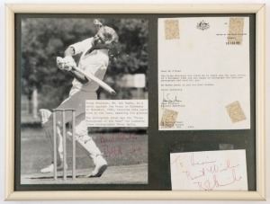 BOB HAWKE - SIGNED PHOTOGRAPH: display featuring a photograph by Canberra Times photographer Peter Wells, catching the moment when Hawke is struck in the face, breaking his glasses, whilst batting in a cricket match against the Press in Canberra, November 1984. Wells won 'Press photograph of the Year' award for the image; the display included a 2nd Hawke signature on a small piece, frame & glazed, overall 34x26cm.
