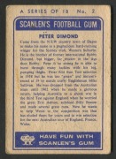 SCANLENS 1963 (FIRST SERIES): Card #2 Peter Dimond, Western Suburbs Magpies [1/18]; bumped corners, slight soil; Good condition overall. - 2