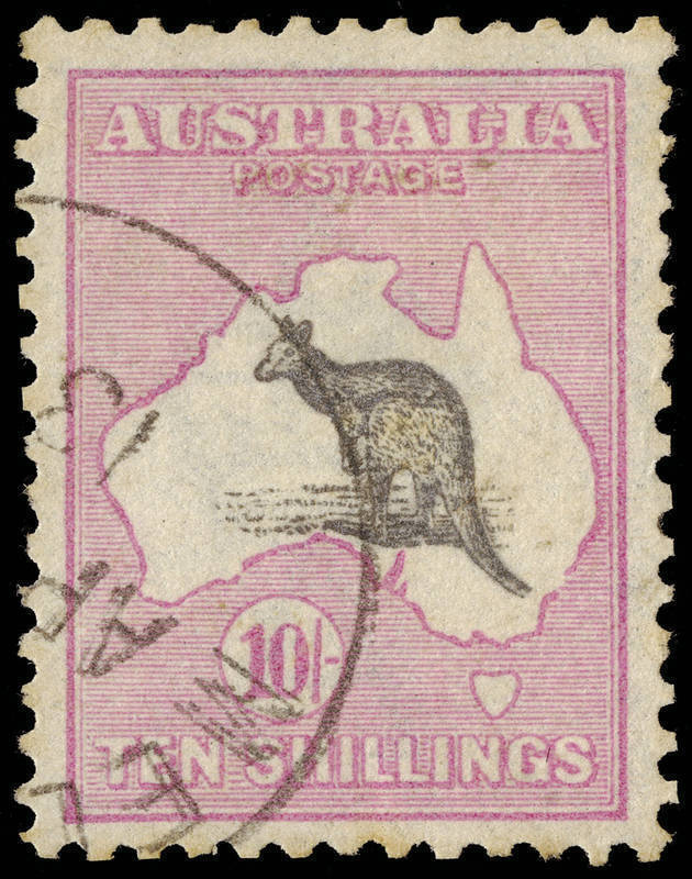 10/- Deep Slate & Pink, superb CTO (without gum) with an April 1913 cds; exceptionally with an almost complete OFFSET of the Kangaroo on reverse. Almost certainly UNIQUE. A fantastic stamp.