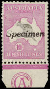 10/- Grey & Pink, CA Monogram single handstamped "Specimen" fine "Mint". In addition to the monogram block of 6 offered in the Arthur Gray catalogue, this is the only example known. An incredibly rare opportunity to acquire this showpiece of First Waterma