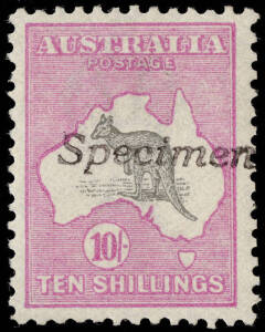 10/- Grey & Pink, handstamped "Specimen"; well centred and unmounted. With unlisted variety, "Small break in Queensland Coast near Cairns". Particularly scarce in this condition. [Only 2,169 sold]. BW:47z - $3000.