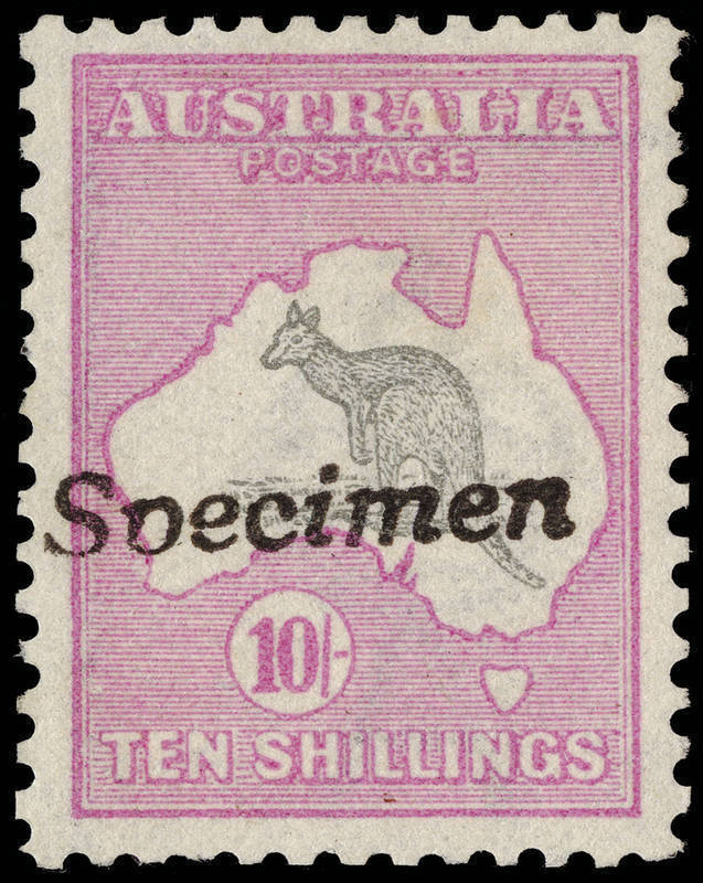 10/- Grey & Pink, with "Specimen" handstamp showing the error "Soecimen" handstamp. Well centred and fresh, without gum. Although unlisted by BW, another example of this delightful error was offered in a block of 4 (only one unit with the error!), also wi