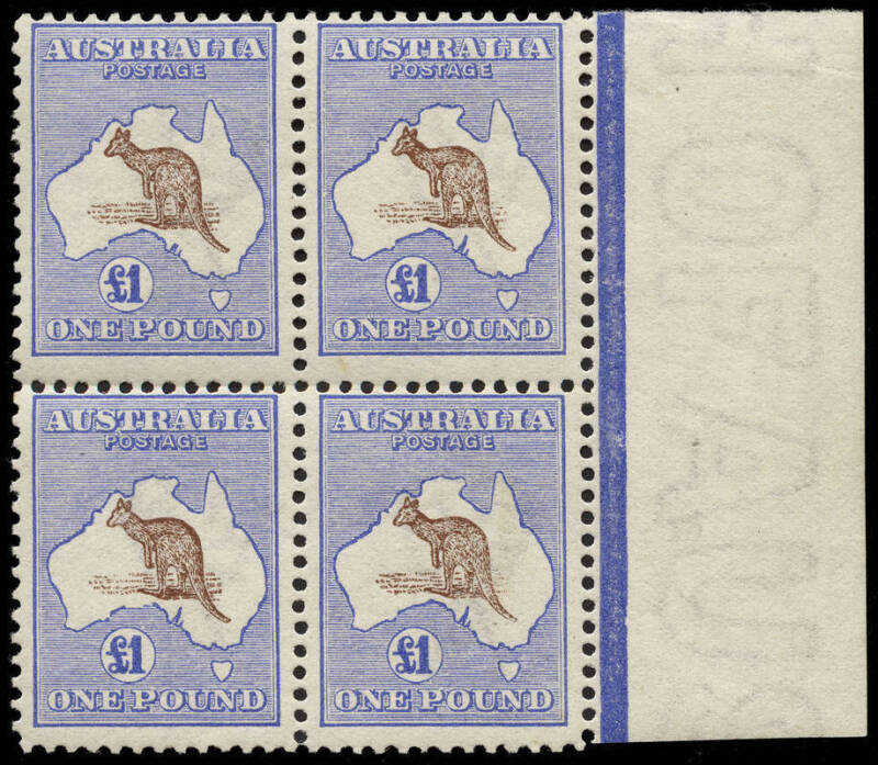 £1 Red-Brown & Bright-Blue, marginal block of 4 from the right pane, with the variety at R41 "Broken coast in Bight"; very fine and fresh, with 2 units MUH and 2 MLH. Multiples are extremely scarce; we know of only 2 other mint blocks of 4.Provenance: Gre