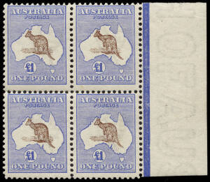 &pound;1 Red-Brown & Bright-Blue, marginal block of 4 from the right pane, with the variety at R41 "Broken coast in Bight"; very fine and fresh, with 2 units MUH and 2 MLH. Multiples are extremely scarce; we know of only 2 other mint blocks of 4.Provenance: Gre