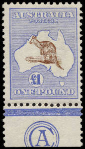 &pound;1 Red-Brown & Blue, CA Monogram single; very fine MLH.As with all of the bi-colour First Watermark issues, any monogram pieces are extremely rare and highly prized. Of the &pound;1 with CA monogram there are only five mint examples recorded, all of which are s