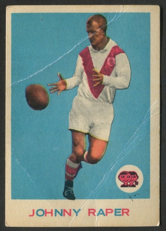 SCANLENS 1964 (SECOND SERIES): Card #18 Johnny Raper, St George Dragons [1/33]; creased; Poor/Fair condition.