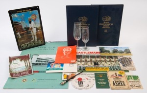 BALANCE OF CRICKET MEMORABILIA COLLECTION: with literature 1985 'World Championship of Cricket' limited edition (2,numbered #864 & 865 of 1000); also 1904 picture postcard (faults) showing 'Warner's English Cricket Team', 1933 'West Indies Cricket Tour of England' souvenir programme, 1977 Ian Redpath testimonial dinner programme SIGNED BY Ian Redpath, Ian Chappell & Sam Loxton,