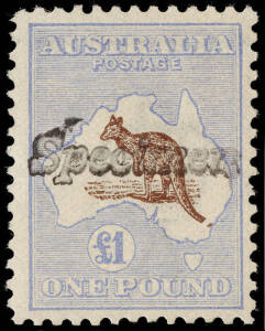 &pound;1 Red-Brown & Pale Blue, handstamped "Specimen"; appears to be partly re-perforated. With variety "Broken tail of kangaroo".