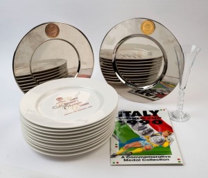 2000 SYDNEY OLYMPICS: 'The Australian Prime Minister's Olympic Dinner (Sep.9, 2000) dinner plates (10) made in Australia from hotel grade porcelain, also 2 metal platters bearing Australian Coat-of-Arms & Olympic Rings and single champagne flute, all likely used at the same event; also SOCCER 'Italy World Cup 1990' commemorative medal collection complete. (14 items)
