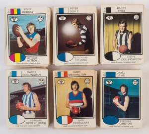 1975 SCANLENS: incomplete set [54/132] with many cards heavily duplicated plus duplicated checklists for Collingwood, Hawthorn, Melbourne, North Melbourne & St Kilda; fair to VG. (330+)