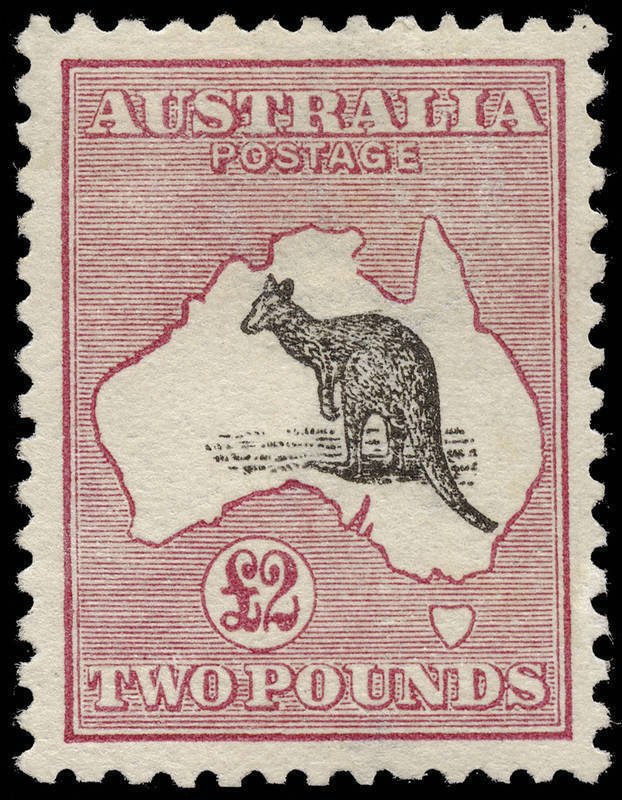 £2 Black & Rose, superbly centred with full perforations and very lightly mounted Mint. Hard to imagine that a finer MLH example exists; this one additionally with the variety at R45 "Break in west coast of Gulf of Carpentaria". BW:55(D)v - $17,500.