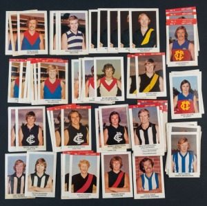 1975 Tip Top (Sunblest Bread) "V.F.L. Footy Cards", incomplete set [25/28, ex Nos 12,16 &25] with duplicates including Alex Jesaulenko (No 2, x3), Max Richardson (No.4, x32) ,Keith Greig (No.11 x21), Kevin Bartlett (No.14 x5), Wayne Judson (No.19 x6), ma