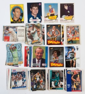 TRADING CARDS: Assortment with AUSTRALIAN RULES: Scanlens cards for 1965 (Bob Pascoe), 1966 (Bryan Quirk & Colin Hebbard) & 1968 (Ray Wilson); also few modern Select Series cards; BASKETBALL: mid-1990s cards (60+); SOCCER: 1991 'Pro Set' series (35) and CRICKET: mid-1990s Futera cricket cards (29); some duplication, generally G/VG. (150 approx).