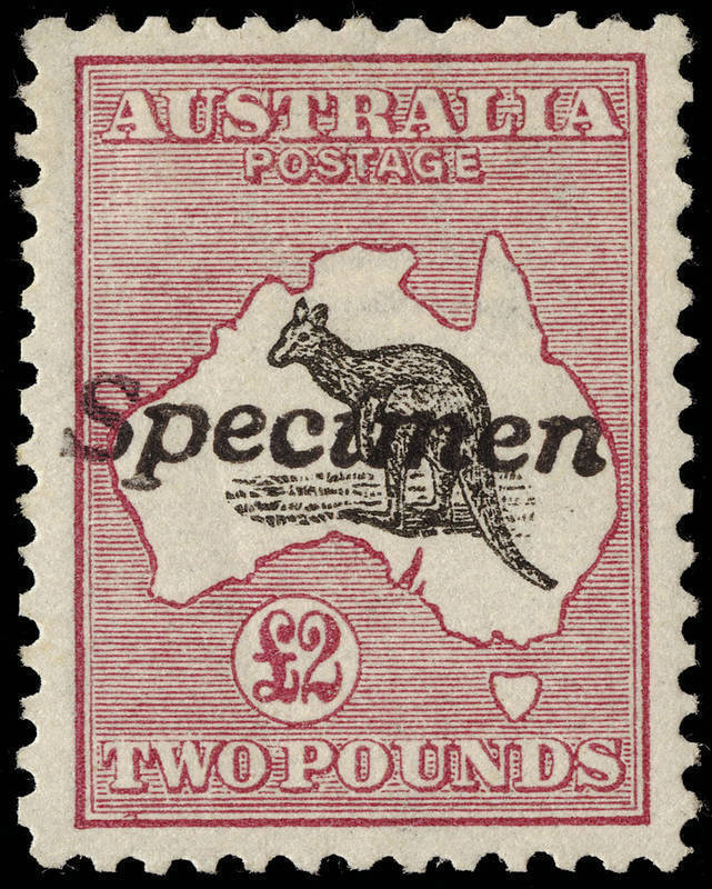 £2 Black & Rose, handstamped "Specimen"; remarkably well centred and fresh; with unlisted variety "Broken coast of Queensland near Cairns". Lightly mounted. BW:55x - $850.