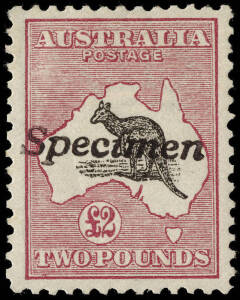 &pound;2 Black & Rose, handstamped "Specimen"; remarkably well centred and fresh; with unlisted variety "Broken coast of Queensland near Cairns". Lightly mounted. BW:55x - $850.