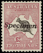 £2 Black & Rose, handstamped "Specimen"; remarkably well centred and fresh; with unlisted variety "Broken coast of Queensland near Cairns". Lightly mounted. BW:55x - $850.