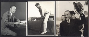 DON BRADMAN - THROUGH THE AGES: Trio of press photos, one showing sat a desk letter writing in the late 1920s, the second Bradman showing at the wicket in his batting stance in early 1930s, the third (crease) showing Bradman arriving at Southampton for th