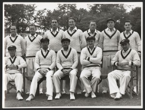 AUSTRALIA - 1948 INVINCIBLES TOUR: original press photograph (Fox Photo, London) of the Australian team at Worcester showing Bradman (capt.) & Lindsay Hassett (v/capt) sat together in the front row, 14.5x19.5cm. The Australians commenced the 1948 Tour with a 3-Day watch at Worcester winning by an Innings & 17 runs with Arthur Morris and Bradman both posting centuries.