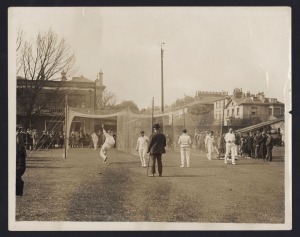 AUSTRALIA 1926 ASHES TOUR OF ENGLAND: large press photograph (Sport & General Press Agency, London) titled (verso) 'The Australian Cricketers Commence Practice at Lord's' showing Warren Bardsley bowling to Jack Ryder; 20x25.5cm. Bardsley played all five 