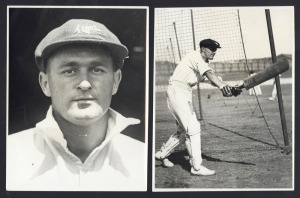 LEN DARLING - VICTORIA & AUSTRALIA: c. 1930s press photos of Darling, one a portrait photo, the other showing him batting in the nets; also 1986 signed short letter from Darling to a correspondent reminiscing about 1932-33 Bodyline Series and his thrill a