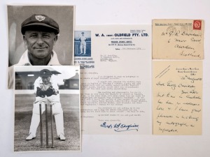 BERT OLDFIELD - NSW & AUSTRALIA: c.1930s press photos of Oldfield, one a portrait photo, the other showing an action image of him wicketkeeping; also two signed letters of correspondence from Oldfield, one dated 1956 on Junior Army & Navy Club (London) letterhead (plus envelope), answering an autograph request, the second a typed letter on Oldfield's Premier Sports Depot illustrated letterhead, reminiscing about the 1934 Ashes Tour