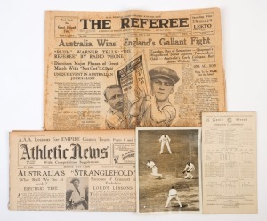 AUSTRALIA v ENGLAND - 2nd TEST LORD'S (Jun.27 to Jul.1) 1930: Selection of items relating to the game comprising scorecard (England's first innings score printed in); press agency photograph (20x15cm) showing Don Bradman at the wicket playing a ball from Wally Hammond; Sydney copy of 'The Referee' (Jul.2) newspaper reporting the Australian win; copy of 'Athletic News' (Jul.7, Manchester, England) reporting on "Australia's Stranglehold'. (4 items)