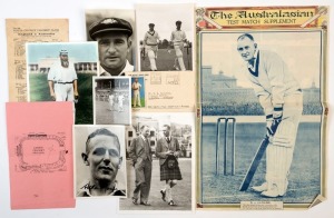 ASHES CRICKET/CRICKETERS: Assortment with press agency portrait photos of Sid Barnes and Arthur Morris,1948 image of Don Bradman & Arthur Morris walking off the ground (all approx 11x15cm), and a small photo of Morris and Sid Barnes walking out to bat, large photo (21x16cm) of Bradman walking alongside KGVI in 1948, plus a coloured photo of WG Grace (20x15cm); also scorecard for 1934 England v Australia 1st Test at Trent Bridge, 1930 seating plan & tariffs for Lord's Cricket Ground