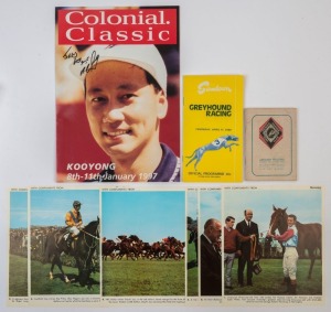 SELECTION OF ITEMS: with TENNIS: Michael Chang signature on his own image on front cover of 1997 Kooyong Colonial Classic (Melbourne) programme; HORSE RACING: 1949 programe for VATC Caulfield Race Meeting, c.1968-69 Newsday colour horse racing images (6, all 20x17cm) including jockey Jim Johnson holding Melbourne Cup aloft after his 1968 winning ride on Rain Lover' plus a 1980 Sandown Greyhound Racing programme. (9 items)