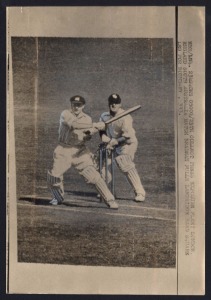 BRADMAN'S 'COMEBACK': 1946 touched up press agency photograph (23x15cm) showing Bradman pulling Langridge for a boundary in South Australia v MCC 4-day tour match, held at Adelaide between 25-29 October 1946, Bradman as South Australian captain going on to a first innings score of 76.