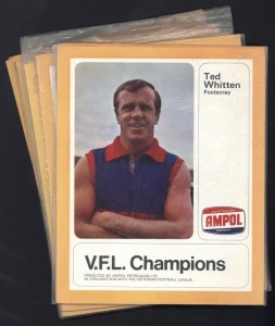 1968 AMPOL 'VFL' CHAMPIONS: with player illustrated folders (24x20cm) & 45pm record; [4/12] with some duplicates, comprising Ron Barrassi (3), Ted Whitten, Lawrie Dwyer (2), Carl Ditterich (3); G/VG. (9)