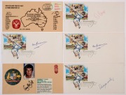 AUSTRALIA: 1980s envelopes including 1984 Centenary Test illustrated covers signed by mostly Australian cricketers including Don Bradman&nbsp;(2), Bill O'Reilly&nbsp;(2),&nbsp; Ashley Mallett&nbsp;(2), David Gilbert (3), Craig McDermott, Greg Matthews (2) & Greg Ritchie; als