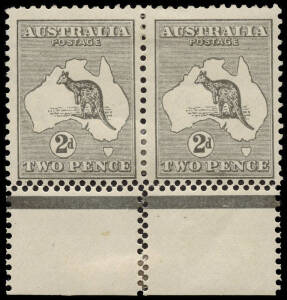 2d Grey, marginal pair from the base of the sheet, with double perforations between both stamps and margins and also duplicated in the vertical row below. A striking piece. Mint. BW:6b - $500 x 2.