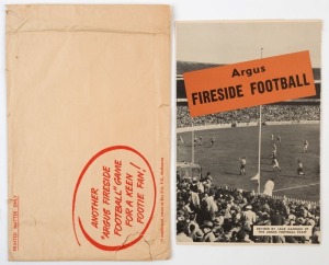 1956 'ARGUS FIRESIDE FOOTBALL': playing board & scoreboard, 'footies' (4, three uncut) and spinners (3, two uncut) plus a 'Fireside Football' printed despatch envelope; mostly very good condition. Scarce.