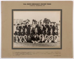 GRAHAM MCKENZIE COLLECTION - 1955 W.A. STATE SCHOOLBOYS CRICKET CAPTAIN: team photo of the W.A. State Schoolboy Cricket Team as 'Carnival Champions, 1955' showing McKenzie, as captain, holding the trophy, seated in the middle of the front row; window moun