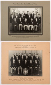 GRAHAM MCKENZIE COLLECTION - 1956 W.A. SCHOOLBOYS HOCKEY CAPTAIN: team photographs of the West Australia Hockey Team at the Australian Junior Hockey Championships at Brisbane (1956) or at Launceston (1957) where they were Champions of the Australian Junior Hockey Carnival. McKenzie is seated 2nd left in both photographs with his father Eric (manager) sat next to him in the latter image; both images mounted on thick card with printed descriptors above and player identifications beneath.